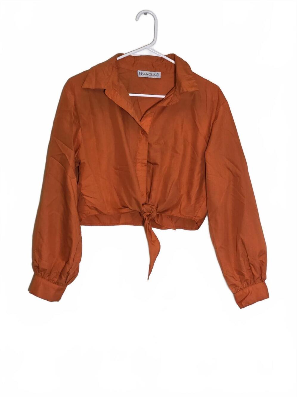 Magnolia Bright Orange Tie-Front Long Sleeve Crop Top - Size Medium